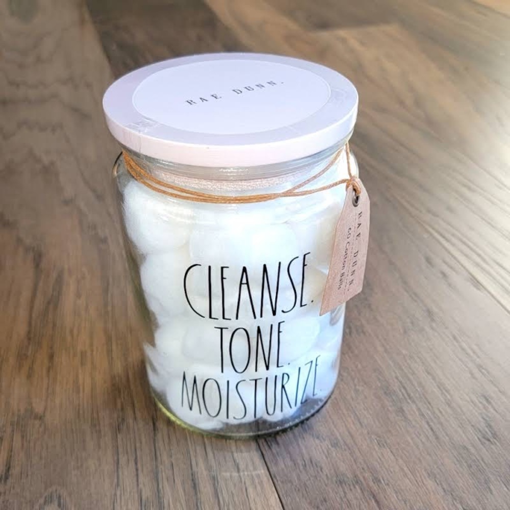 Rae Dunn Cotton Ball Glass Jar “Cleanse. Tone. Moisturize.” 60 count